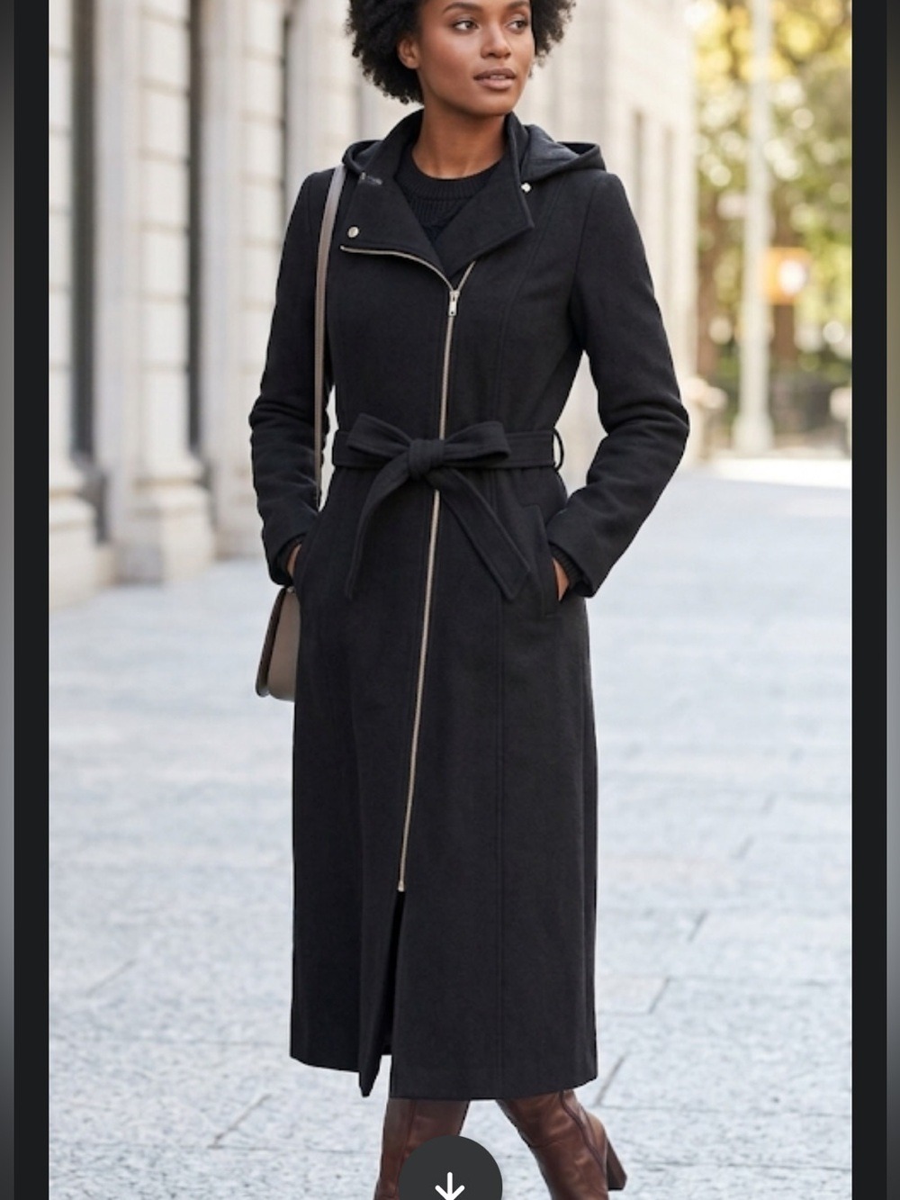Athwab Black Long Belted Coat Removable Hood Full Zip Sz 40 Fits Like Small - Picture 1 of 11